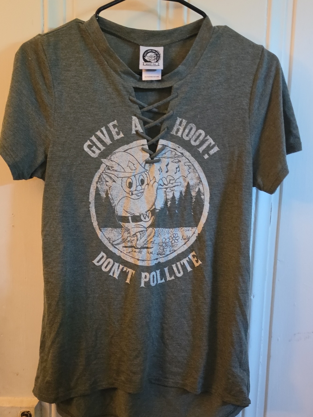 Give A Hoot Olive Lace-Up Graphic Tee